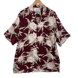 Tropical Group Hawaiian Shirt Men's 2XL Floral Peony Maroon Rayon Camp Aloha